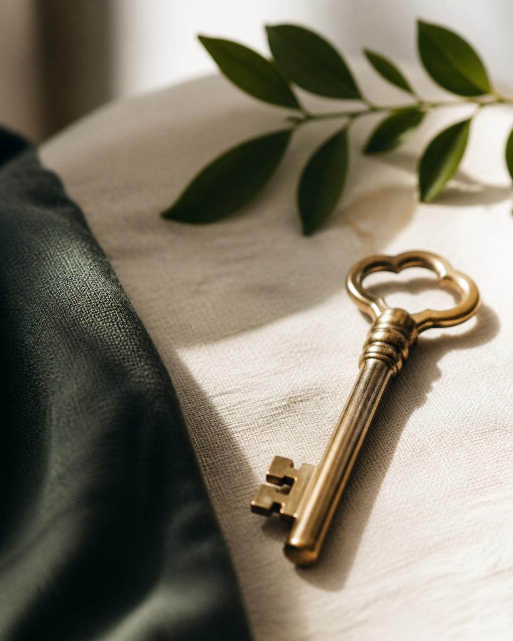 Une clé posée sur du lin, symbole de confiance et de sérénité locative avec Alix